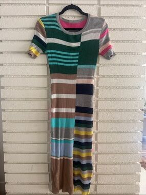Multi-Stripe Multi-Color Ribbed Knit Midi Dress M